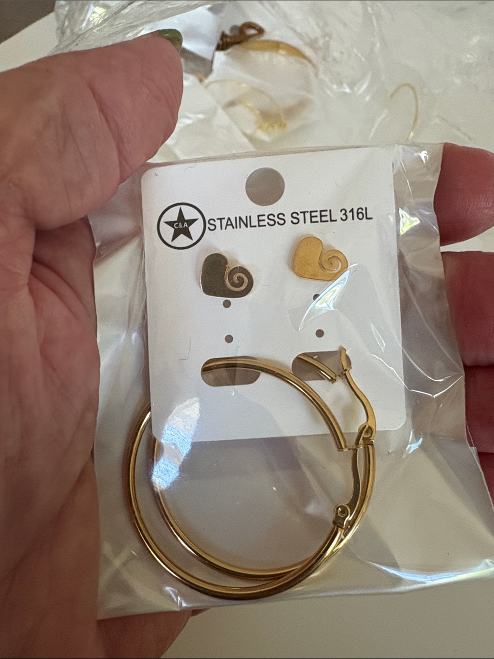 Gold Stainless Steel Hoop & Heart Stud Earring Set